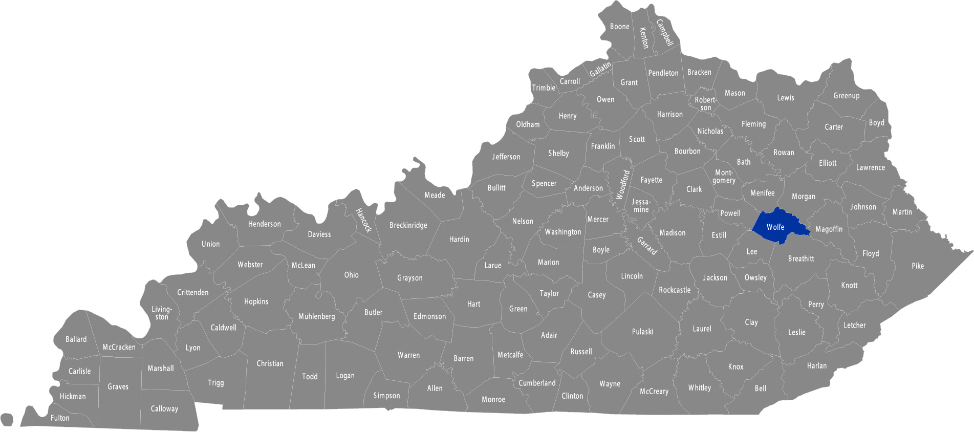 State of Kentucky map with Wolfe County highlighted 